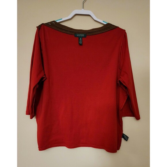Lauren Ralph Lauren Womens Cotton 3/4 Sleeve Boat Neck Jersey Top Red Brown 2X - Picture 5 of 10